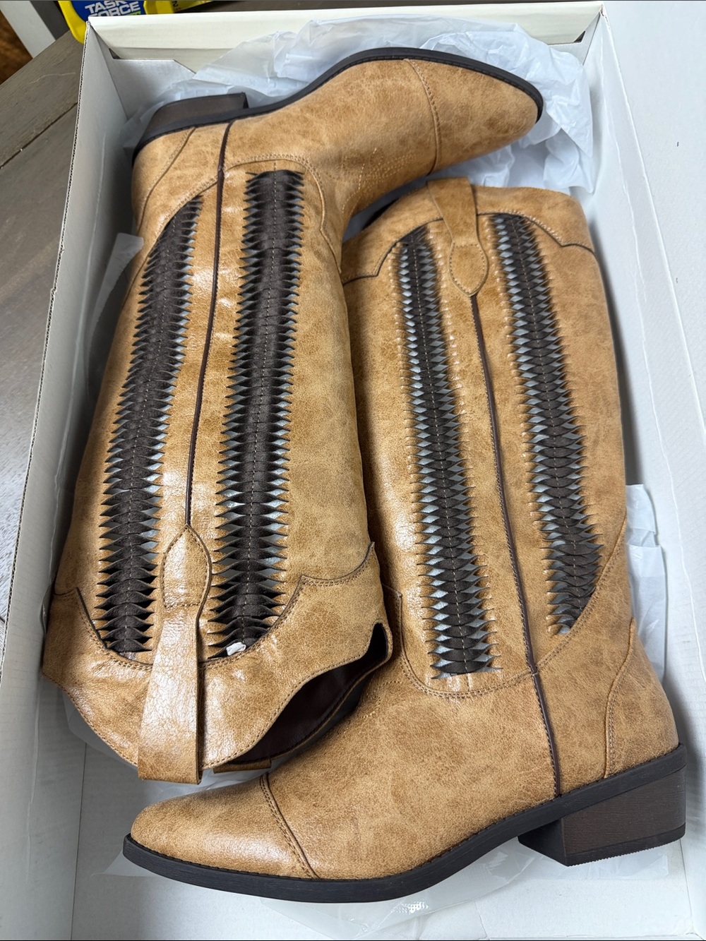Cato Tan Over-the-Knee Western Boots with Dark Brown Stitching